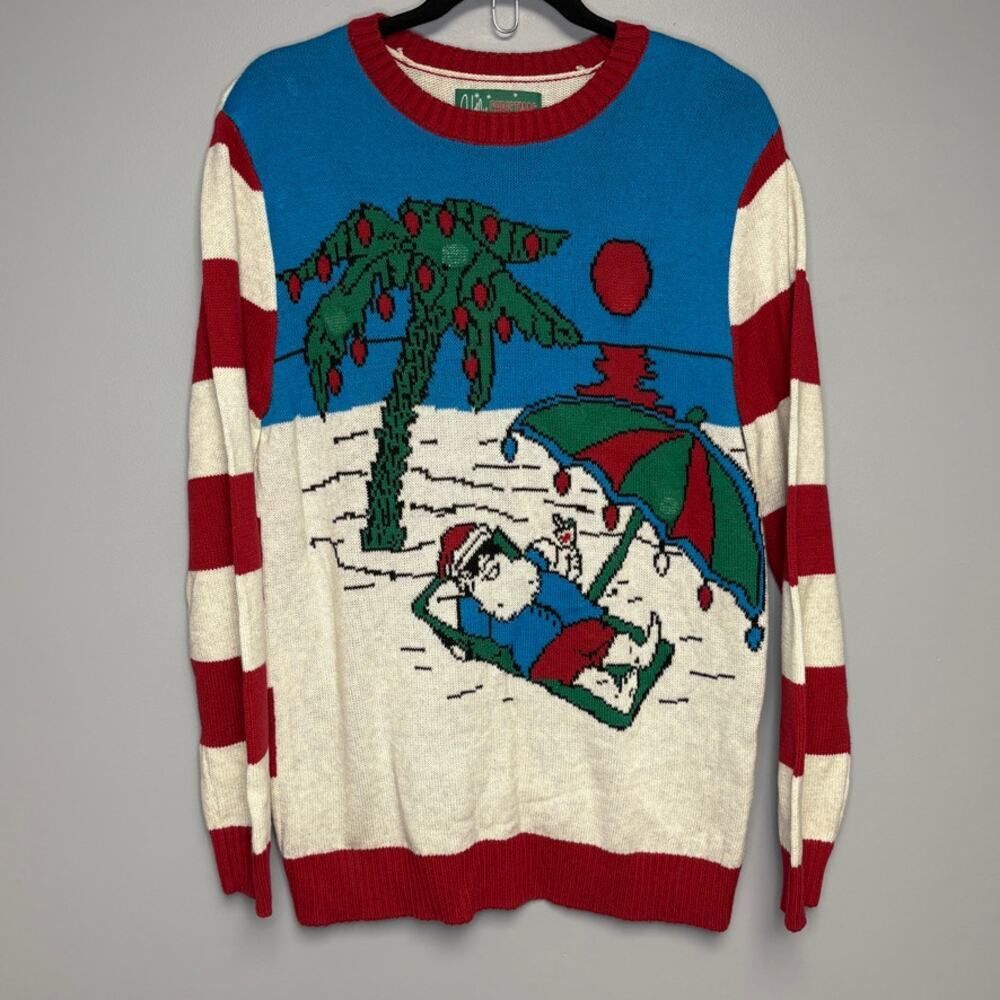 Ugly Chrismas Sweater Beach Bum Santa Festive Light‎ Up Knit Sweater Mens Sz M